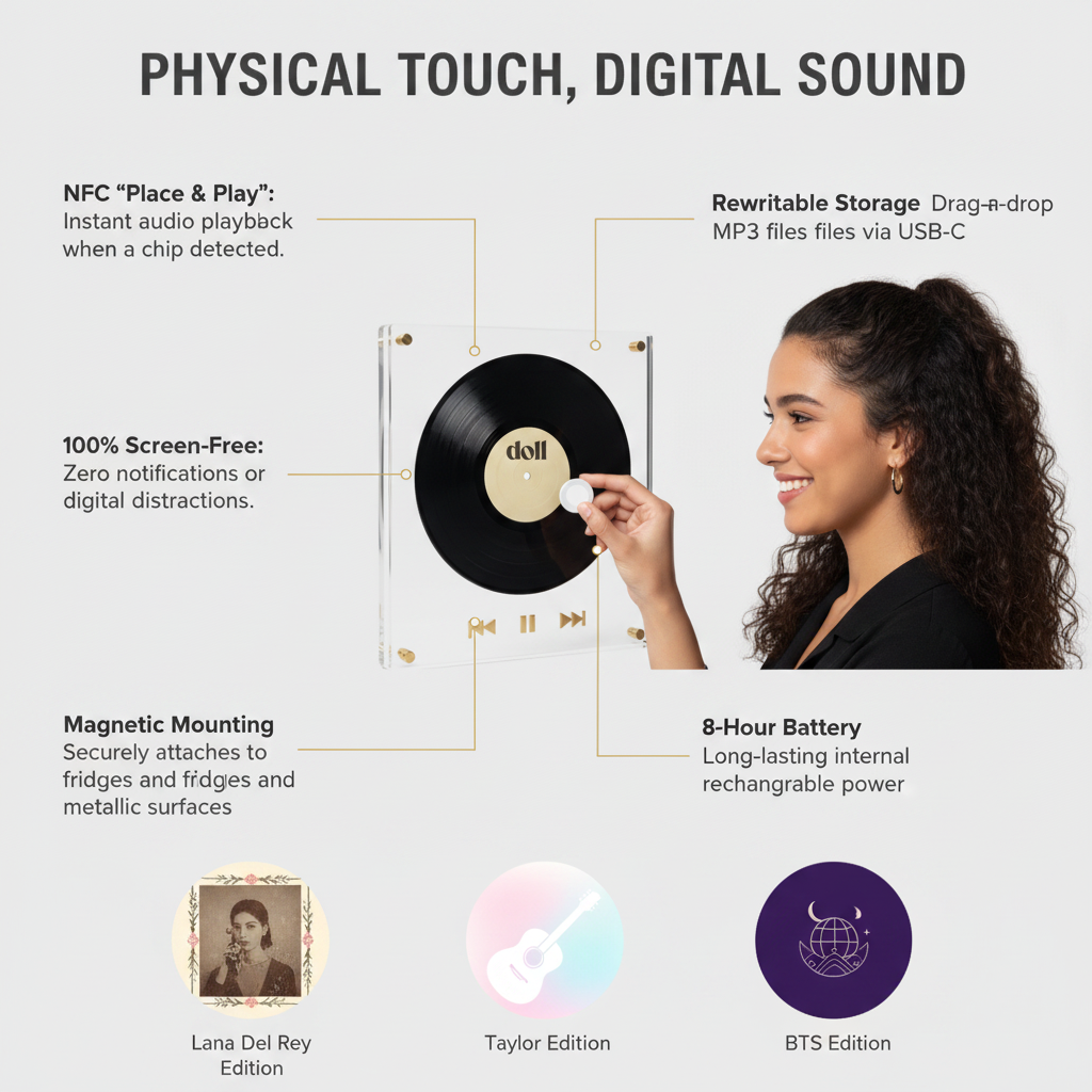 doll — Máy Phát Nhạc Kỹ Thuật Số NFC Dạng Nam Châm | Đĩa Than Acrylic Gắn Tủ Lạnh (Kèm 9 Chip NFC)